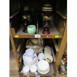 A pair of Victorian cranberry glass vases, a German Stein, a Czechoslovakian vase (as found), a