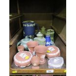 Various Wedgwood Jasperwares, including a pair of Royal Wedding tea caddies, pink, blue and green