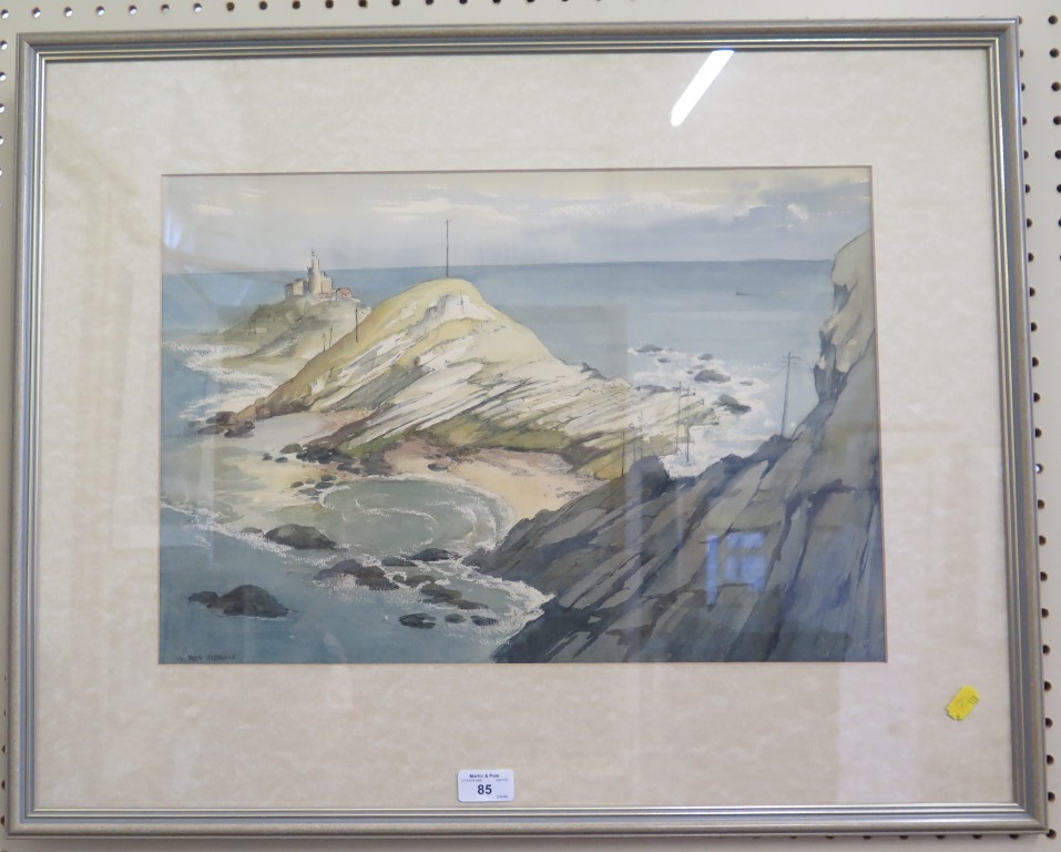 Gladys Rees-Teesdale The Mumbles Lighthouse, Swansea Pen, watercolour and white, signed, 35cm x