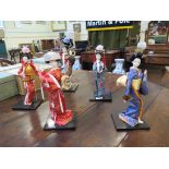 Five porcelain Japanese dolls, all with original boxes, 31cm to 37cm high (5)