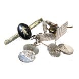 A pair of Sterling silver cufflinks, another pair of silver links, two tie tacks and a tie clip