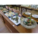 Various coloured stone eggs, an Italian alabaster tazza, various other ornamental eggs and carved