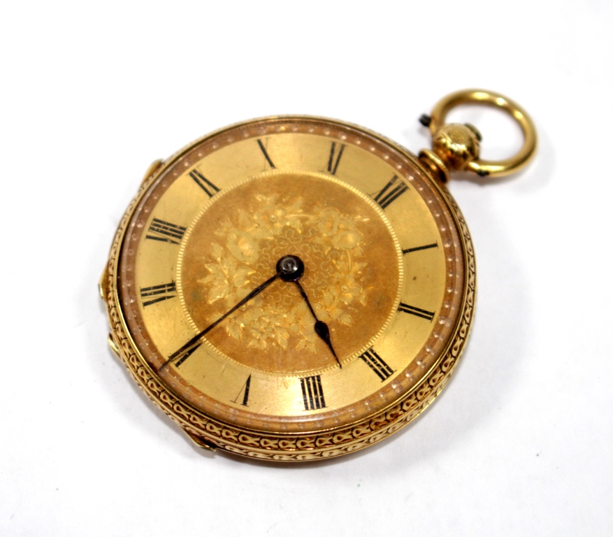 An 18 carat gold ladies key wind fob watch with decorative case and gold colour dial