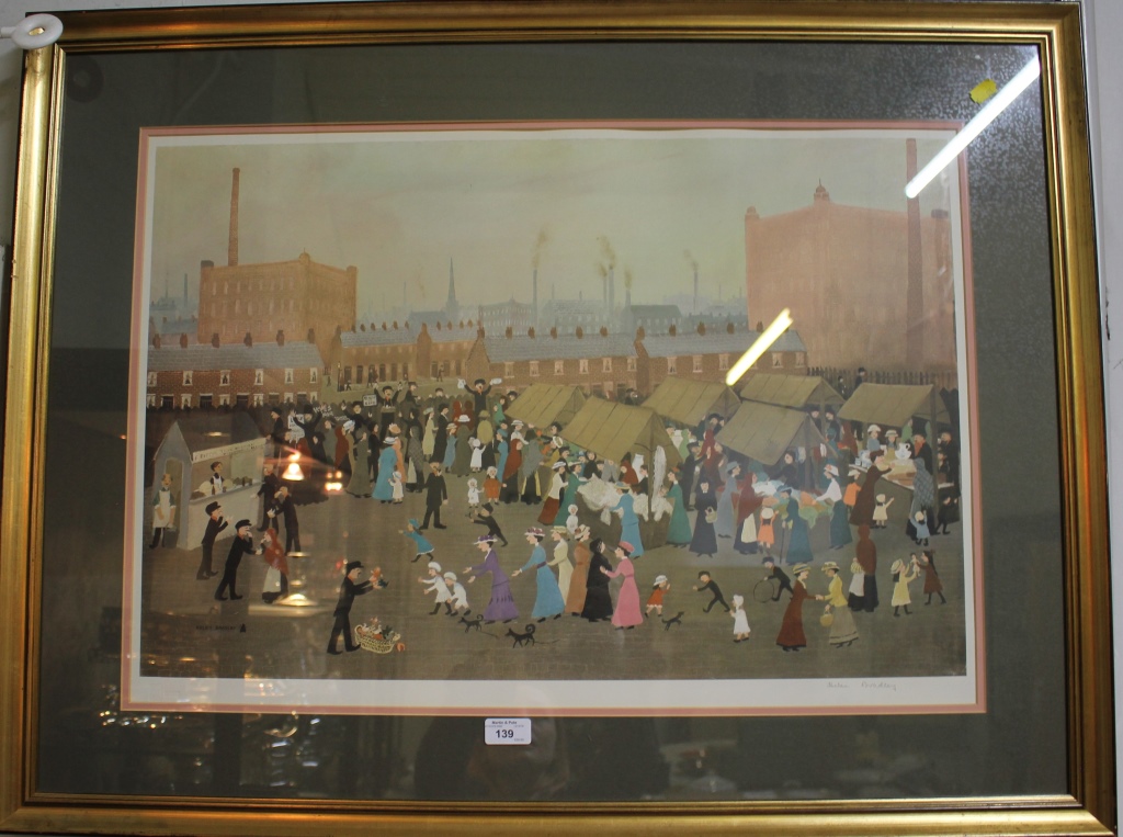 Helen Bradley Hollinwood Market Lithograph, signed in pencil with blind stamp 46cm x 69cm