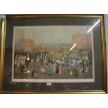 Helen Bradley Hollinwood Market Lithograph, signed in pencil with blind stamp 46cm x 69cm