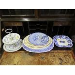 Johnson Bros Old English trio of serving platters, two stoneware oval dishes, Wood & Sons cake stand