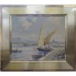 20th century Moored sailing vessel with church beyond Oil on canvas, indistinctly signed 38cm x