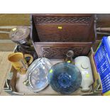 A carved oak letter rack, stoneware hotwater bottle, glass dish and assorted items