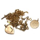 A collection of 9 carat gold to include heart locket, bracelet, fine watch Albert