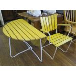 A 1950s yellow and white painted gateleg garden table 100cm wide, and matching chair (2)