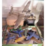 A spirit fired stationary steam engine in original box, ten Palitoy aircraft and a painted balsa-