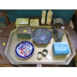 Various Eastern brass and enamel dishes, napkin rings, boxes, brass tray, onyx table wares, pewter