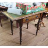 An Edwardian ladies writing table, the leather inset top over a frieze drawer on ring turned legs