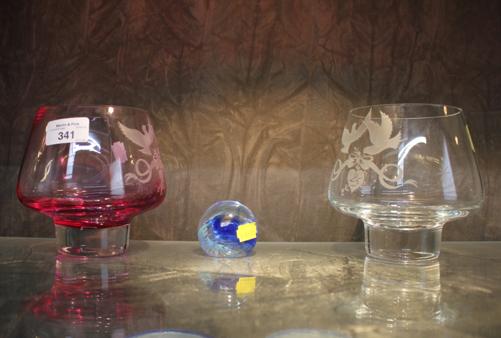 A vintage Caithness 25 year wedding anniversary bowl, together with 40 year ruby bowl and 'moon