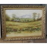 Mike Knight A countryside landscape with a cottage and a field of poppies oil on board signed 44cm x