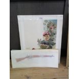 A watercolour illustration of paratroopers, 44cm x 33cm, and an illustration of a rifle, print (2)