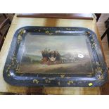 An early Victorian papier mache tray painted with the York to London stage coach, with fox hunt