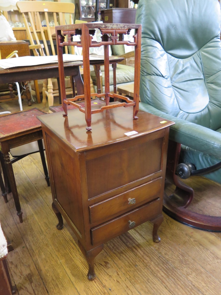 A Chinese hardwood plant stand with brass inlay 20cm square, 30cm high and a sewing table with