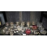 Silver plate salt spoons, utensils, six punch cup holders with glasses and glass salts (52)