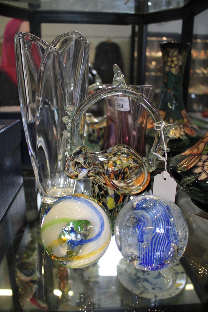 Two Caithness paperweights, a Murano glass basket and two vases (5)