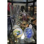 Two Caithness paperweights, a Murano glass basket and two vases (5)