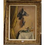 Francois Baboulet Still life of hanging magpie and jay over fruits and a decanter Oil on board,