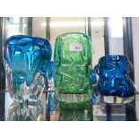 A Whitefriars knobbly design vase in green 19cm high, another in blue 12.5cm high and a blue glass