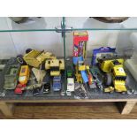 A Britains Fold Up Cultivator 9550, boxed, and various loose play worn die-cast models
