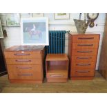 A G-Plan teak tall chest of six graduated drawers, labelled, 53cm wide, 100cm high, a G-Plan bedside