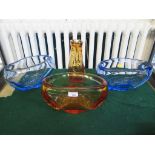 A pair of Whitefriars ovoid lobed glass bowls in blue, James Hogan design, 30cm wide, another in