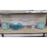 Two glass biscuit barrels, a blue and green glass bowl signed Richard Price, a glass tazza and a