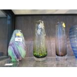 A Whitefriars glass blue ribbed design vase 21cm high and three other glass vases (4)