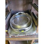 Two silver plate gallery trays and a round tray