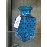 A Whitefriars glass chess board design vase in kingfisher blue, designed by Geoffrey Baxter 14.5cm