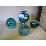 Three Mdina Malta glass paperweights, signed and a small vase
