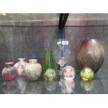 A collection of six Art Glass vases, an etched glass vase and three paperweights