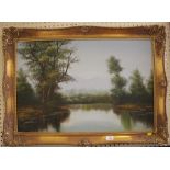 Baxter Tranquil river landscape signed oil on canvas, 49cm 75cm