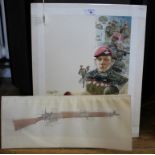 A watercolour illustration of paratroopers, 44cm x 33cm, and an illustration of a rifle, print (2)