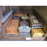 A collection of ten various boxes with carved, inlaid and painted decoration