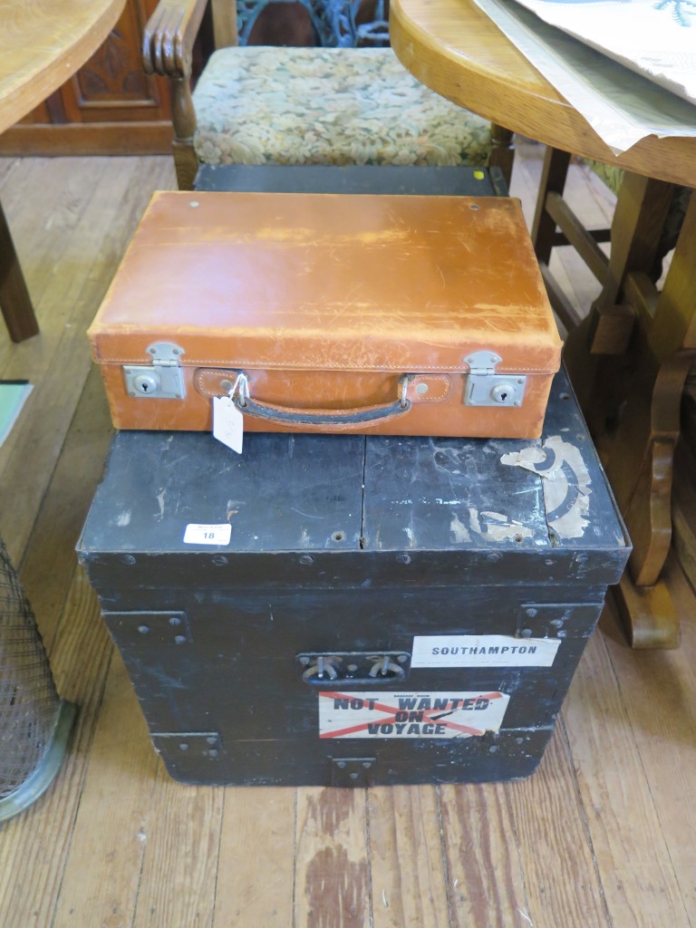 A black painted pine and metal bound cargo chest, for G. Capstaff North Fusiliers Fenham Barracks