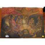 A patinated copper raised panel depicting an African group of men, 39cm x 55cm