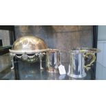 A collection of silver plated items to include food warmer, tankards, etc