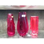 A Whitefriars lobed bubble design vase in red 22cm high, a dimple design vase in red 26.5cm high and