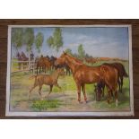 20th century Austrian Carriage horses in a meadow Chromolithograph initialled K.W. Unframed 60cm x