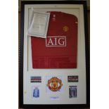 Football Memorabilia: A replica Manchester United shirt with thirteen autographs, framed with photos