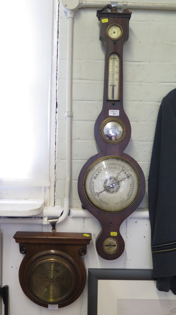 A 19th century rosewood banjo barometer with silvered dials and convex mirror 94cm high, and another