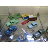Dinky Toys: blue 40J Austin Somerset, light blue 161 Austin Somerset, Jaguar, Studebaker, Dublo
