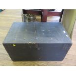 A black painted travelling chest, labelled to interior F. Batters, High Street, Cheltenham 77cm x