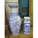 A large Chinese blue and white baluster vase, depicting peacocks 64cm high, and another square