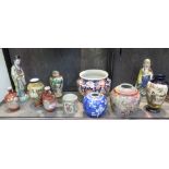 Two Chinese figures and various Japanese and Chinese vases and ginger jars, as found (11)